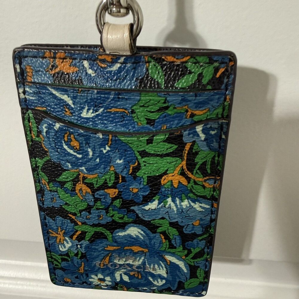 Coach ID Lanyard Badge Holder Signature Canvas Blue Floral  Preppy Festival